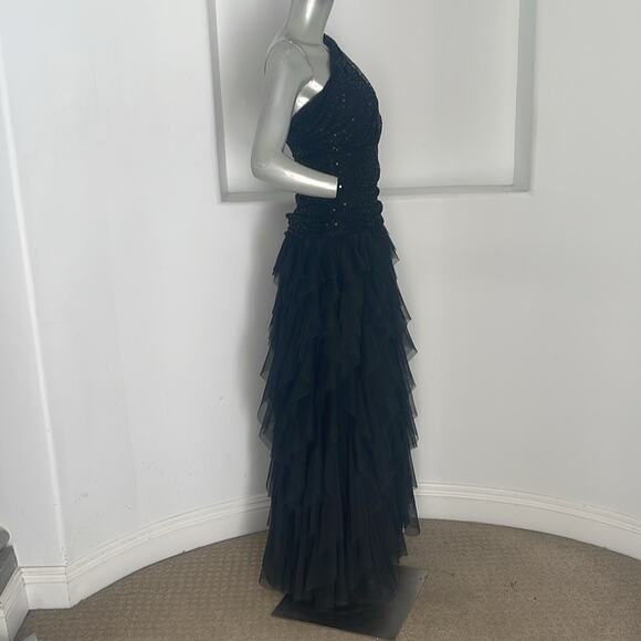 Tadashi Shoji One Shoulder Sequin Mesh Tiered Black Gown Size 6 - Picture 6 of 15